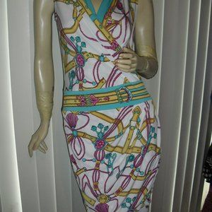 Cache,faux wrap dress,draped,deep V,tassels,turquoise,gold,fuschia,UNIQUE